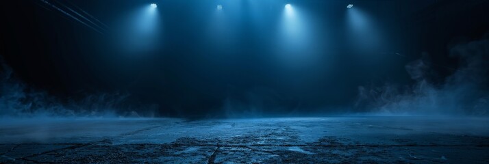 A dark empty street, dark blue background, an empty dark scene, neon light, spotlights The asphalt floor and studio room with smoke float up the interior texture. night view