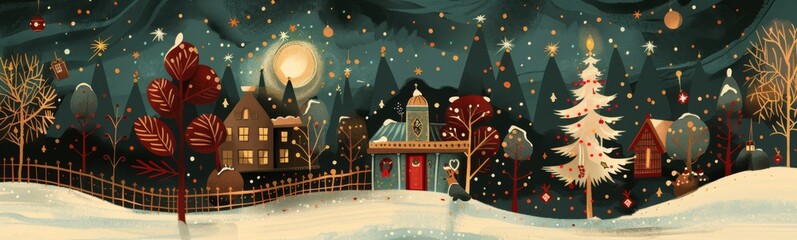 Snowy night scene with a christmas tree and a town. Christmas holidat banner