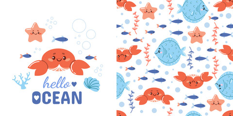 Childish vector seamless pattern and a postcard with underwater life. Perfect for kids bedding, wallpaper, wrapping paper, fabric, textile, t-shirt print