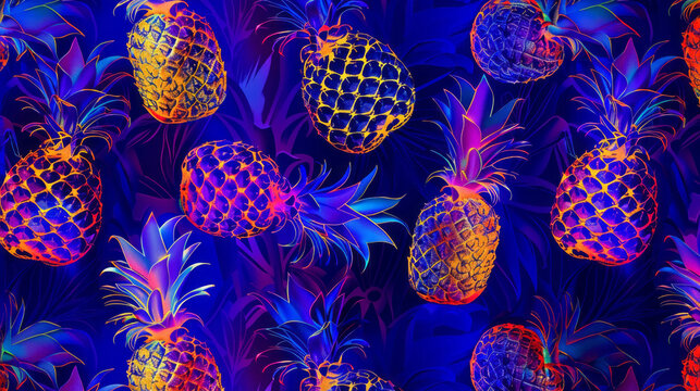 Colorful neon pineapples on a seamless dark blue background