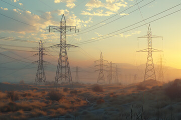 A network of transmission lines stretches across the landscape, conveying energy with towers and cables against a clear sky.