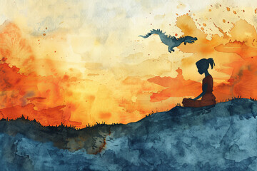 Watercolor illustration of girl and dragon at sunset