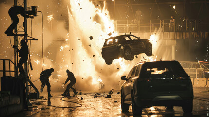 Stuntmen film dangerous stunts on set