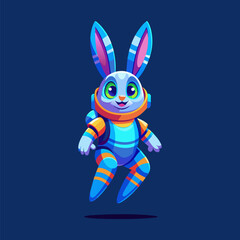 Astronaut hare wearing space suit. Adorable rabbit in Retrofuturism style. A futuristic scene featuring  Blue Cartoon in space. Character has Kind Smile. Childish illustration. Weightlessness in space
