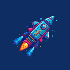 Adorable rocket in Retro futurism style for Astronaut, Blue and orange colors. Spaceship in flight . Childish illustration. Cartoon in space. 