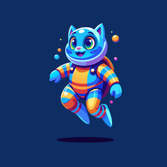 Astronaut cat wearing space suit. Adorable kitten in Retrofuturism style. A futuristic scene featuring a cat. Blue and orange colors. Cartoon in space. Character has Kind Smile. Childish illustration