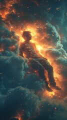 Man surrounded by cosmic clouds and fire. Conceptual digital art. Imagination and fantasy concept. Design for poster, book cover