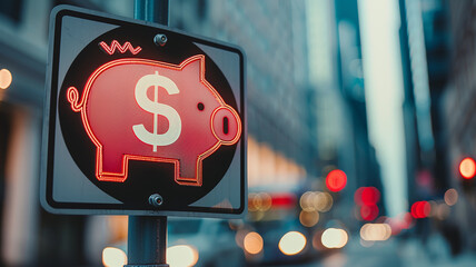 An indicator with a piggy bank on the background of an urban landscape in daylight