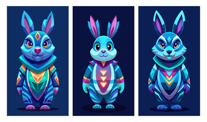 Astronaut bunnies wearing space suits. Adorable rabbit in Retro futurism style, Blue and purple colors. Cartoon in space. Character has Kind Smile. Childish illustration. Space