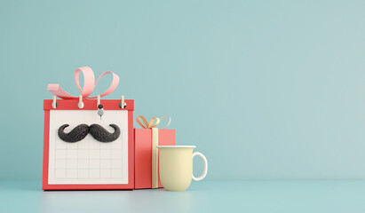 Father's Day celebration background adorned with a gift box mug calendar mustache heart shape illustration and vector