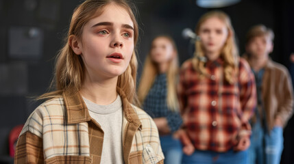 Fototapeta premium A young girl performing on stage. School theater rehearsal