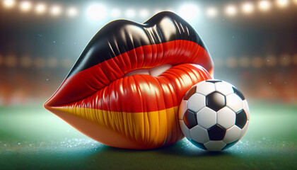 Lippen in Deutschlandfarben und ein Fußball im Scheinwerferlicht. copy space