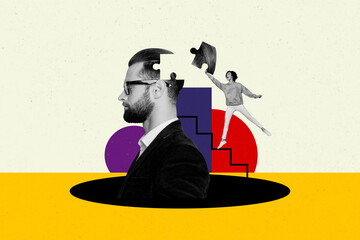 Trend artwork 3D photo collage of black white silhouette confident man miss puzzle lady hold hand walk up stairs solve problem smart idea