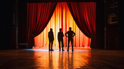Fototapeta premium Theater workers. Silhouettes against the backdrop of a backlit curtain.