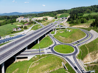 Poland. New Zakopianka multilane highway with a tunnel, multilevel spaghetti junction, crossroad...