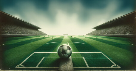 Grünes Fußballfeld  mit Ball. Hintergrund copy space