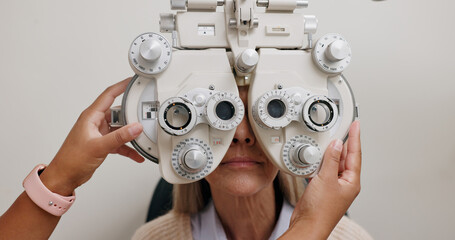 Phoropter, eye and optometrist for vision, medical and test for optical exam or consultation....