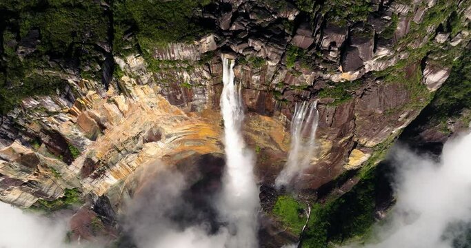 View From Above Of Angel Falls In Canaima National Park, Bolivar State, Venezuela. aerial topdown