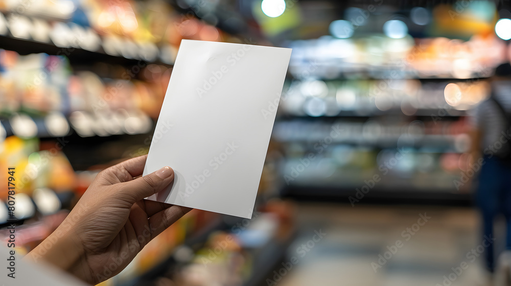 Canvas Prints an image of a hand holding an a5 proportion flyer, with a blurred shop background