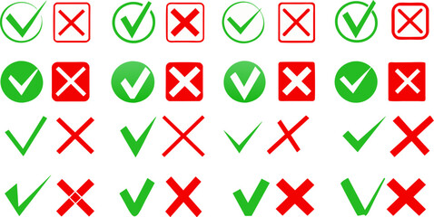 Green and red flags for the buttons, mark and cross out the elements of the checklist, the check indicators in the program "yes" or "no", the icon of the correct or incorrect answer on a white backgro