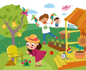 Family on vacation during summer. Country house, dacha and nature. Cartoon illustration. Scene for design. Vector illustration. 