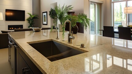 Kitchen home interior with modern and stylish island sink