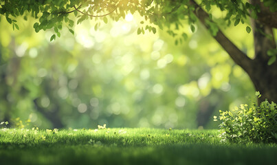 Fototapeta premium Beautiful blurred background of spring nature with green grass and trees on a sunny day