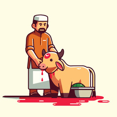 illustration of a Muslim man slaughtering a sacrificial cow