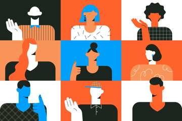 Face avatars set. Diverse people. Group. Team call. Abstract male, female characters in minimal trendy style. Colorful head portraits. Fashion men, women. Funny colored flat vector illustration