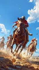 Naklejka premium a captivating horse racing game wallpaper featuring riders on running horses against a backdrop of a clear blue sky. Game art design