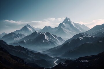 Fototapeta na wymiar A majestic silhouette of towering mountains rises against a dusky sky