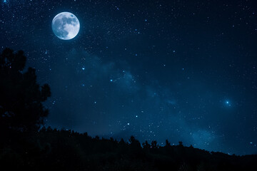 Full moon illuminating a starry night sky over a forest silhouette