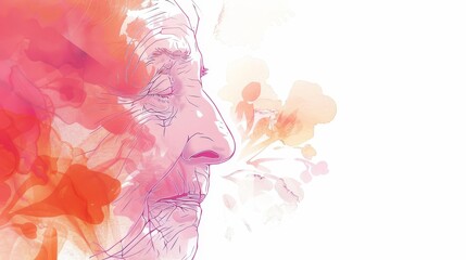 portrait silhouette of elderly woman face, use clean lines aimple art, one line art, clean minimalistic line, partially covered with pink, orange, soft abstract flowers, water colors, white background