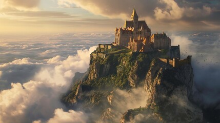a castle on top of a mountain surrounded by clouds, a detailed matte painting fantasy art, matte painting, fantasy, matte drawing