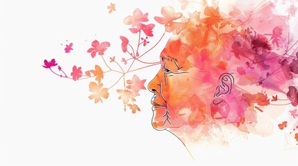 Elderly woman portrait silhouette with clean lines and pink, orange abstract flowers