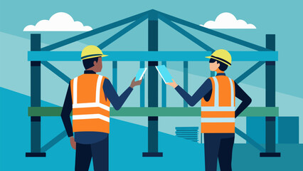 Two officials in reflective vests scrutinizing the beams and support structures of a construction site making sure they meet the necessary. Vector illustration