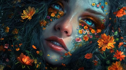 a painting of a woman with flowers on her face, a detailed painting trending on deviantart, fantasy art, detailed painting,