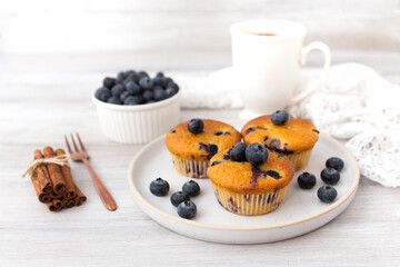 Blueberry muffins baked with fresh blueberries on a white  white background, close-up.  