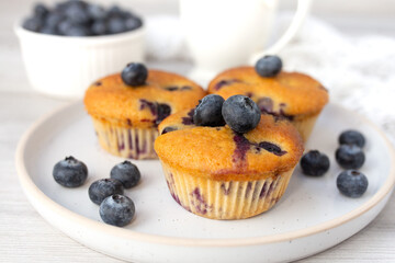 Blueberry muffins baked with fresh blueberries on a white  white background, close-up.  
