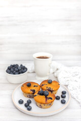 Blueberry muffins baked with fresh blueberries on a white  white background, close-up.  