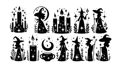 Mystical Witch and Celestial Elements Vector Set, Halloween, Icons, Cut files, Clip art Set