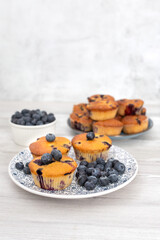 Blueberry muffins baked with fresh blueberries on a white  white background, close-up.  