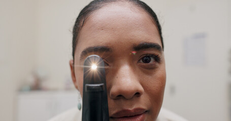 Woman, light and ophthalmoscope in clinic for eye exam, eye care and vision. Specialist,...