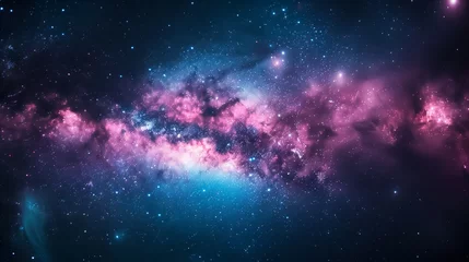 A breathtaking view of the Milky Way galaxy with vibrant pink, purple, and blue clouds of gas and dust illuminated against a deep space backdrop, full of stars