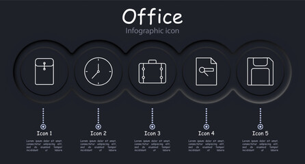 Office set icon. Form, check sheet, statistics, diagram, indicators, infographic, briefcase, folder, portfolio, suitcase, hard drive, flash drive, clock, neomorphism. Department concept.