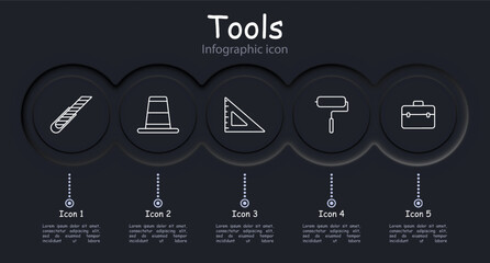 Tools set icon. Tape measure, infographic, mop, sledgehammer, pipe, plumbing fixtures, broom, shovel, brush, ruler, measurement, neomorphism, charcoal ruler. Instruments concept.