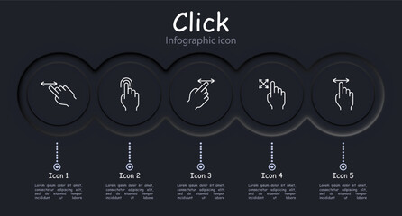 Clicks set icon. Press, double touch, 3D touch, zoom out, zoom in, swipe, shift, rotate, scroll, delay, load, left finger, hand, palm, feed, triple tap, infographic, neomorphism. Gestures concept.
