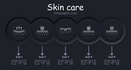 Skin care set icon. Dermis, skin, saggy skin, creams, oils, beauty, Korean cosmetics, epidermal protection, treatment, SPF, sweat, hydration, infographic, neomorphism. Appearance care concept.