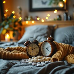 Alarm clock on table with how many medicine capsules near bedroom, concept of insomnia at night...