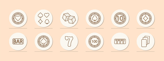 Casino set icon. Coin, chip, bet, card suits, dice, spades, diamonds, hearts, crosses, dibs, 777, cards, win, stake, risks, excitement, ardor, passion, doubling, bar, shuffling. Gambling concept.